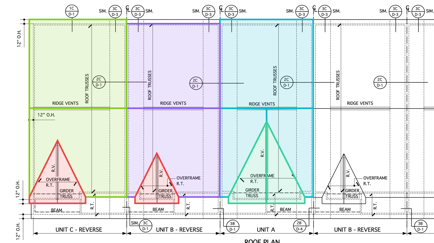 Roof plan of a five-unit townhome building traced in Aximos: each unit type traced once, the mirrored units left untraced